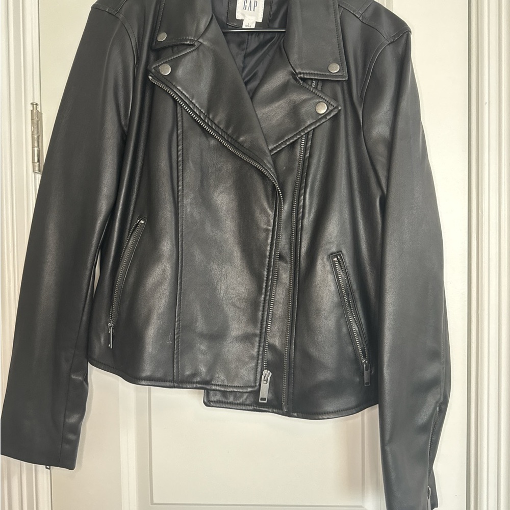 GAP Black Leather Moto Jacket Asymmetrical Zipper